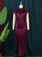 Pbong mid size graduation outfit romantic style teen swag clean girl ideas 90s latina aestheticWomen Dress Pleated Long Wine Red Elegant Slit High Collar Slim Fit Sleeveless Maxi Robes Female Shiny Gowns Party Spring